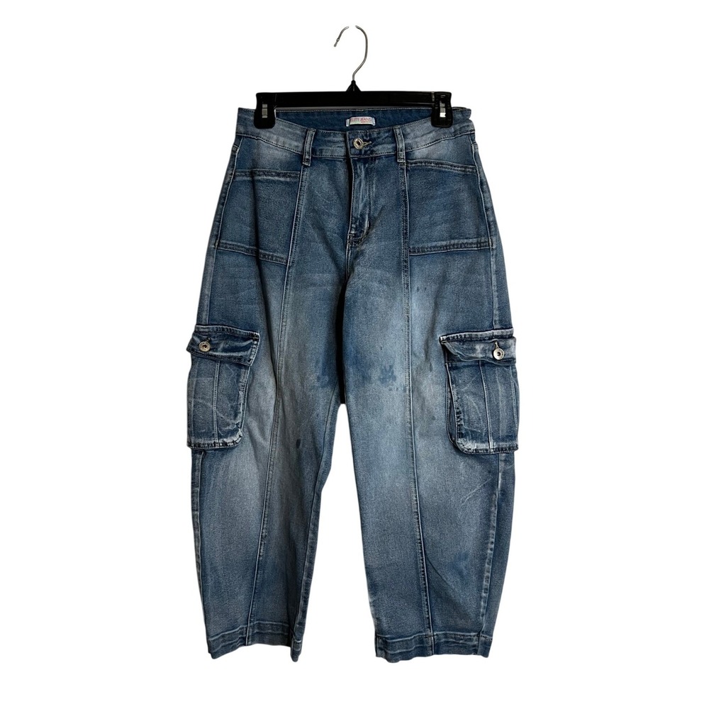 Elite Jeans Womens Cargo Denim Pants Medium Wash High Rise Cropped PT24464C 7/28